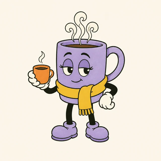 A kind lavender mug in a yellow scarf offering a spare cup of tea.