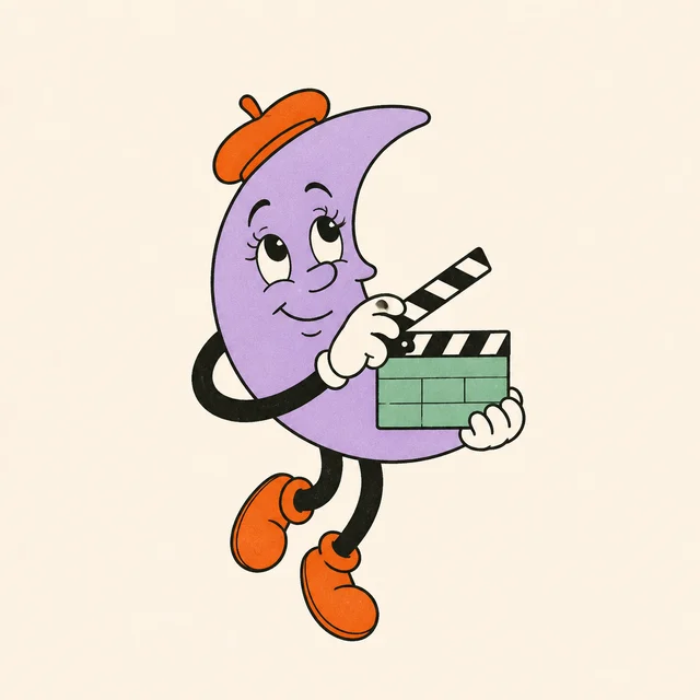 A dreamy crescent moon in a director’s beret carrying a blank clapperboard.