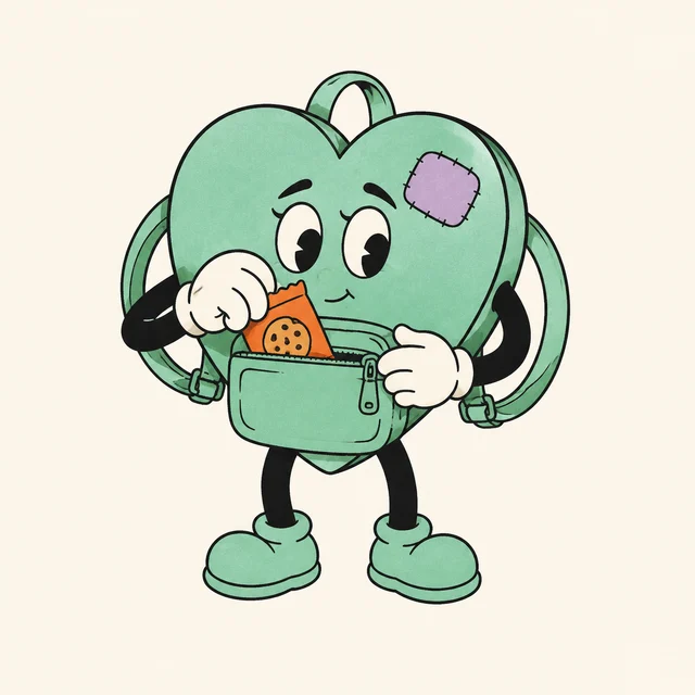 A mint heart-shaped backpack offering a spare packet of snacks.