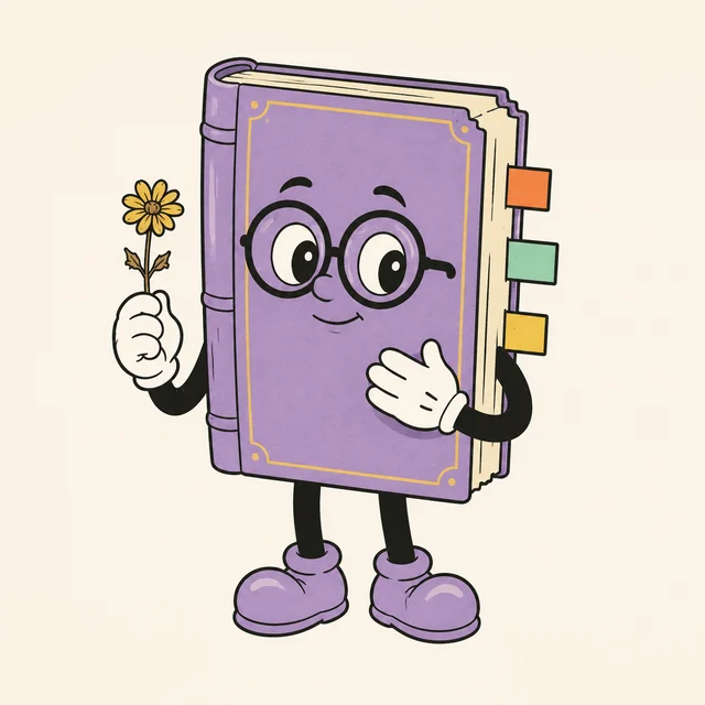 A thoughtful lavender book with bookmark tabs preserving a tiny dried flower.