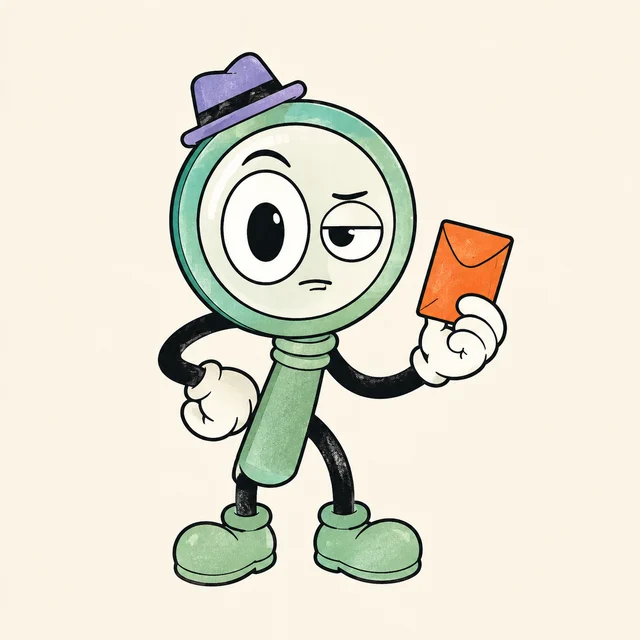 A skeptical mint magnifying glass detective holding an evidence envelope.