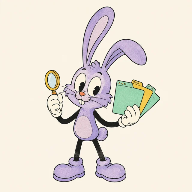 A curious lavender rabbit inspecting a fan of colorful blank browser tabs.