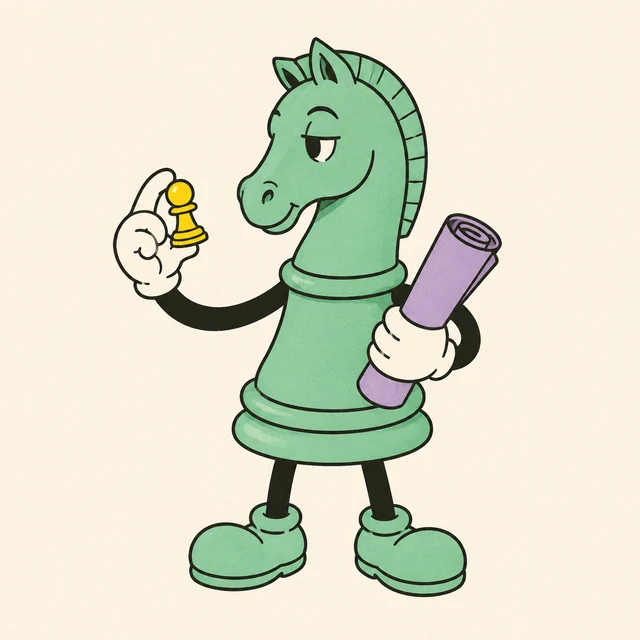 A strategic mint chess knight carrying a rolled plan and tiny yellow pawn.