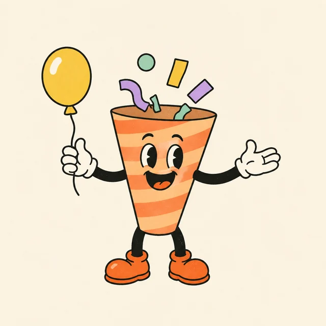 An exuberant orange party popper with colorful confetti and a yellow balloon.