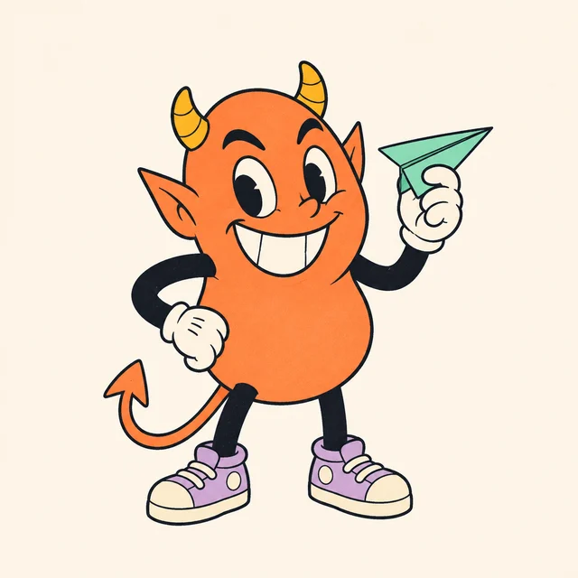 A mischievous orange imp with a curling tail and mint paper airplane.