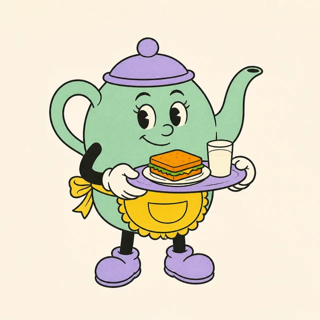 A caring mint teapot in a yellow apron carrying a sandwich and a drink.