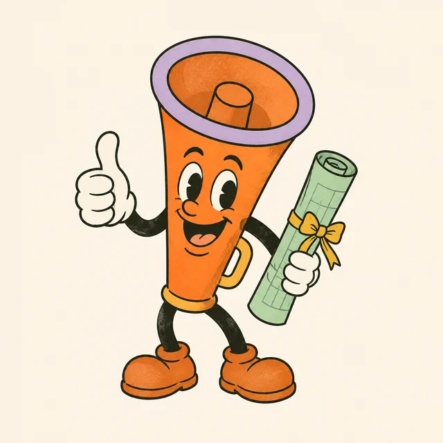 An encouraging orange megaphone giving a thumbs-up and carrying a rolled blueprint.