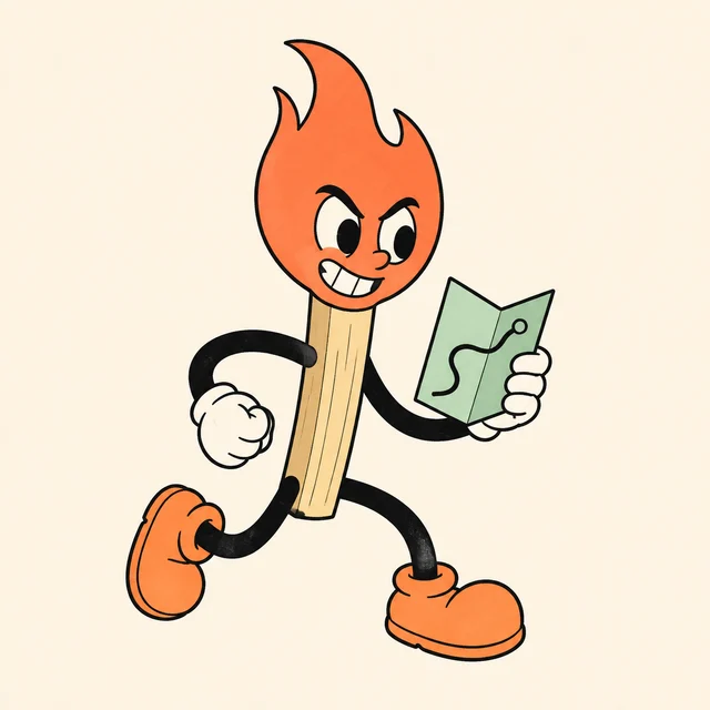 A bold orange matchstick in a running pose holding a folded route map.
