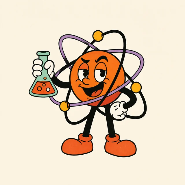 A witty orange atom with orbiting electrons holding a mint laboratory flask.