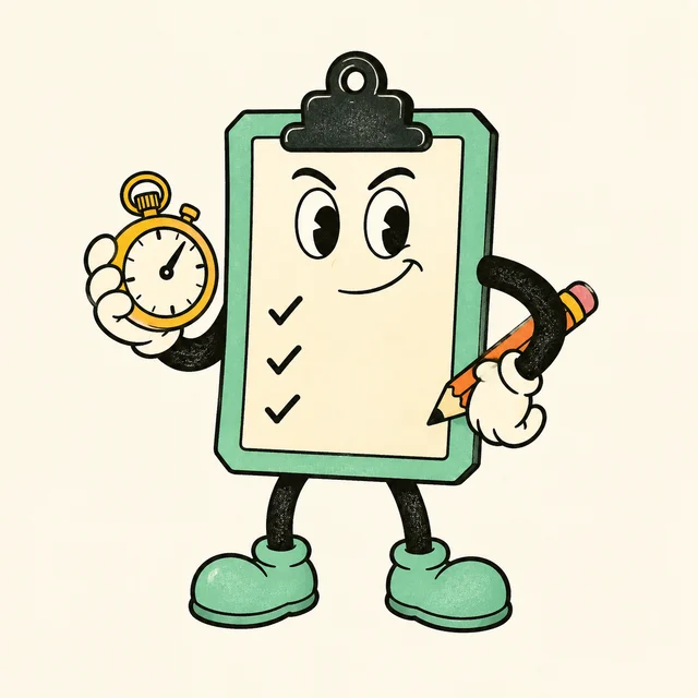 A decisive mint clipboard with check marks, a stopwatch, and an orange pencil.