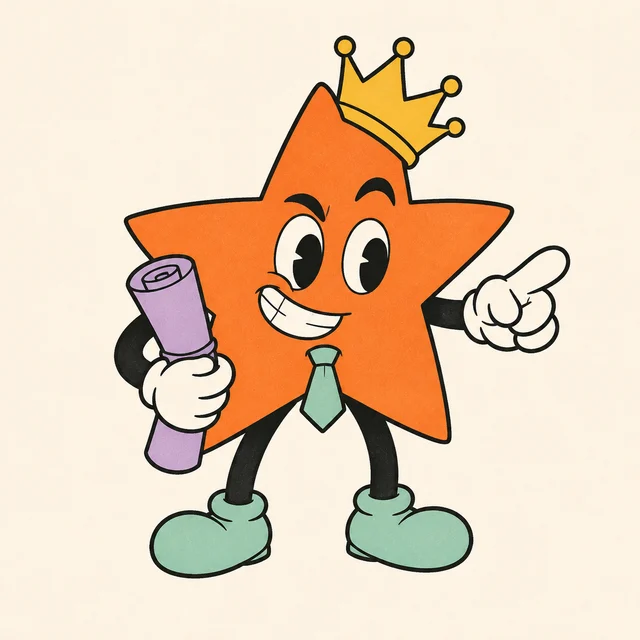 A crowned orange star in a mint tie pointing forward with a rolled vision plan.